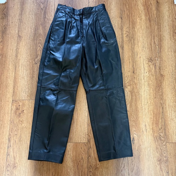Comint Pants - 90s Comint Black Genuine Leather Pleated High Waist Pants Womens 25x27 moto boho